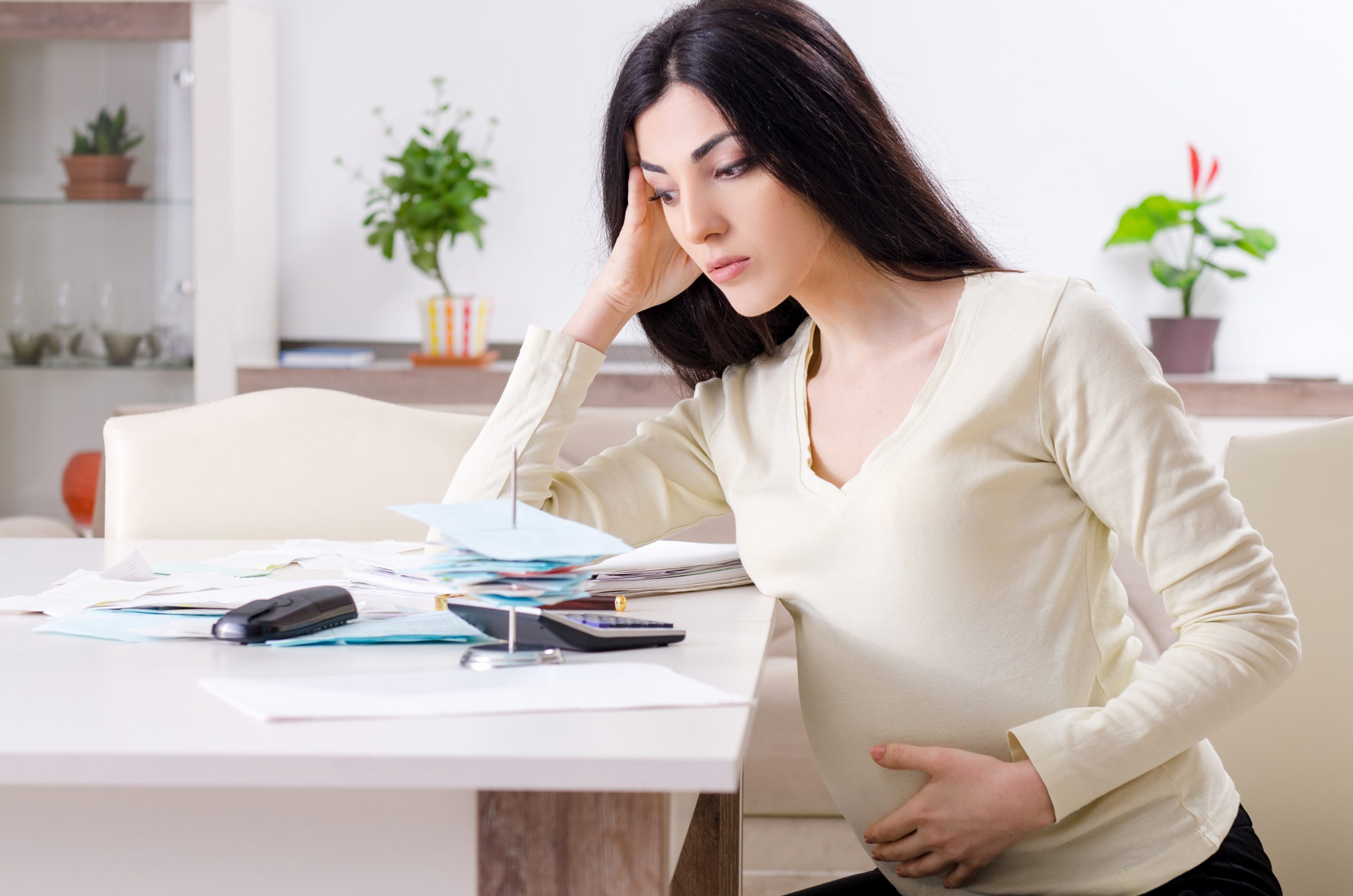 Young pregnant woman in budget planning concept